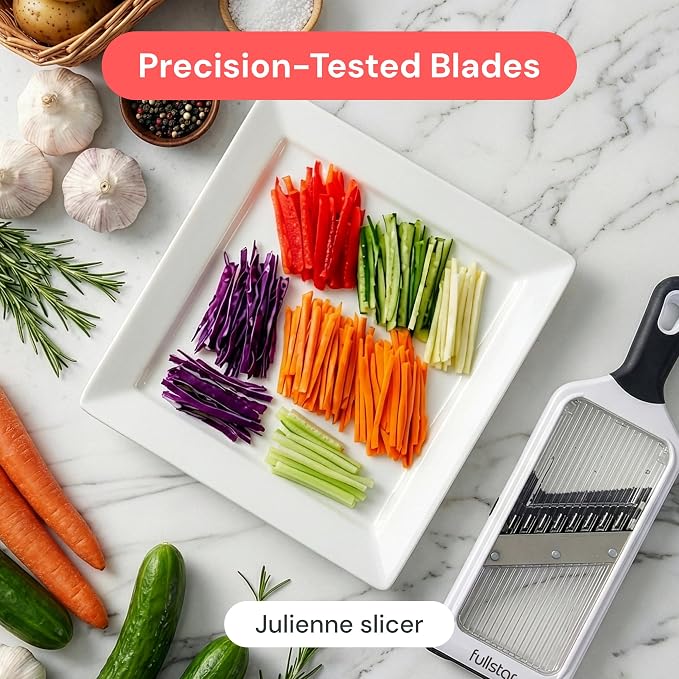 Fullstar - Handheld Mandoline Vegetable Slicer & Julienne Cutter | 2 in 1 Onion, Veggie & Fruit Slicer, 4 Thickness Settings with Stainless Steel Guard for Easy & Safer Slicing (White)