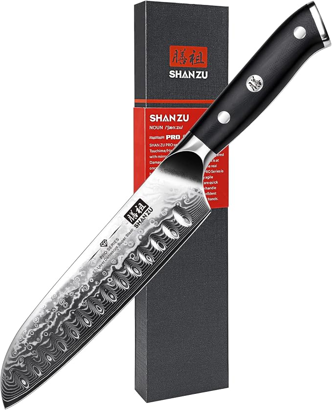 SHAN ZU 7 In Damascus Chef Knife, Japanese Santoku Chef's Knife | Damascus High Carbon Stainless Steel Multifunction Kitchen Knives& Ergonomic Fiberglass G10 Handle
