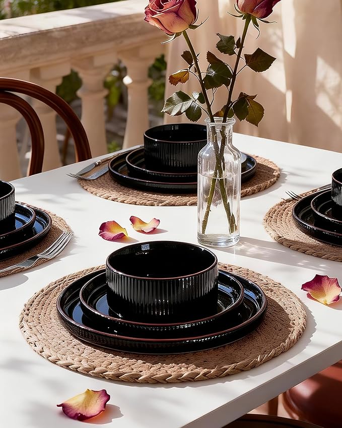 Line Porcelain Dinnerware Set, dish set for 8, Black | Premium dinnerware set, chip-resistant & durable. Safe for dishwasher, microwave, oven. For daily meals to festive feasts