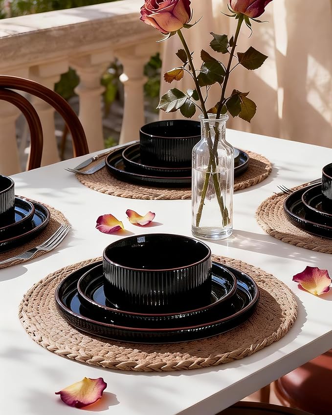 Line Porcelain Dinnerware Set, dish set for 6, Black | Premium dinnerware set, chip-resistant & durable. Safe for dishwasher, microwave, oven. For daily meals to festive feasts