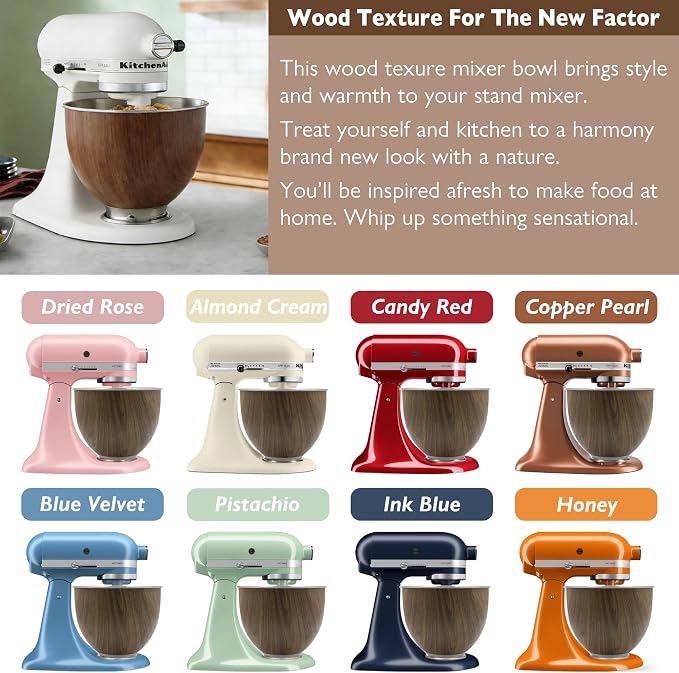 Wood Grain 5 Qt Stainless Steel Mixer Bowl for Kitchenaid Tilt-Head Mixer | 18/8 Stainless Steel, Heavy Duty, Dishwasher Safe, Mixing Bowl and Whisk Attachment for Kitchenaid K45 KSM75 KSM90 KSM150