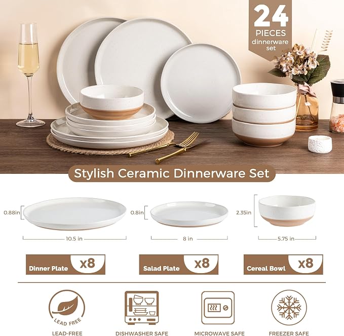 AmorArc Dinnerware Sets for 8, 24 Pieces Ceramic Plates and Bowls Set | Scratch Resistant Stoneware Dishes Set, Dishwasher & Microwave Safe, Light Beige