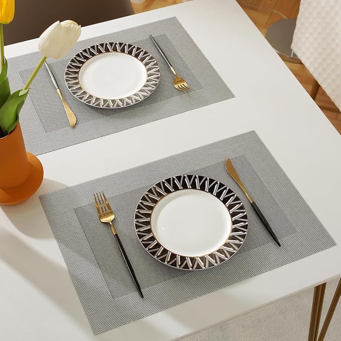 Vinyl Placemats Heat-Resistant Table Mats Washable Easy Clean Plastic Placemat for Kitchen Dining Table Set of 6 Indoor Outdoor (Dark Silver)