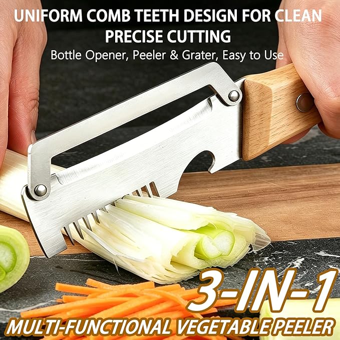 2Pcs Multi Functional Vegetable Peeler for Kitchen, with Bottle Opener and Wooden Handle, 3-in-1 Stainless Steel Kitchen Tool for Fruit Potato Pumpkin(3 in 1)