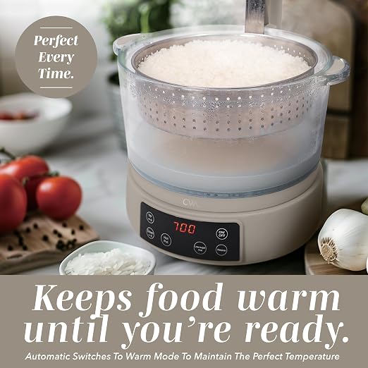COOK WITH COLOR Glass Mini Low Carb Rice Cooker – Holds 2 Cups Raw/Makes 6 Cups Cooked with Auto Lift Filter Basket, Hotpot & Steamer for Rice, Grains, Digital Panel with Keep Warm, Greige
