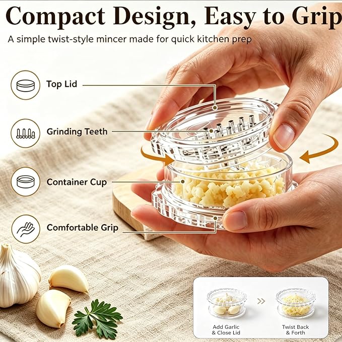 Clear Manual Garlic Twister Mincer, Crusher & Grinder for Ginger, Herbs | Clear Body Shows Mincing Texture, No-Blade Twist Design, Safe & Compact, Easy to Clean and Store