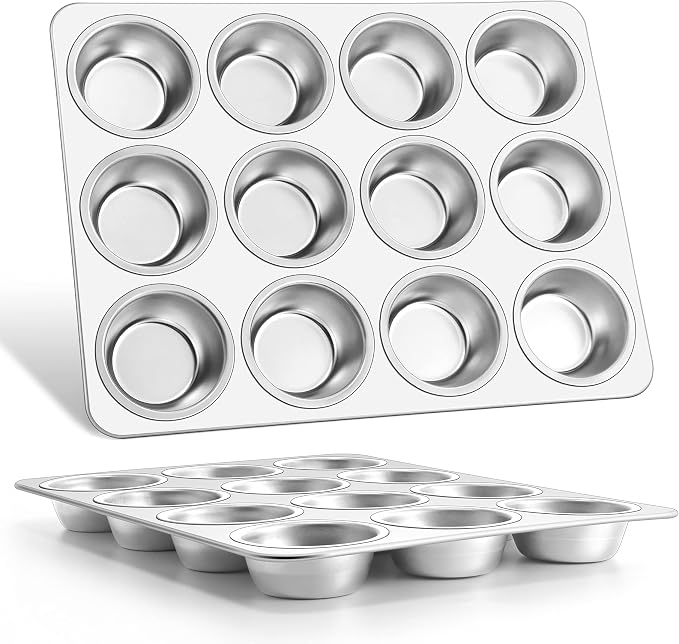 E-far Muffin Pan 12-Cup, 2-Pack Stainless Steel Cupcake Pan for Oven | Non-Toxic Metal Muffin Tins for Baking Muffins & Cupcakes, Regular Size & Easy Clean, Dishwasher Safe