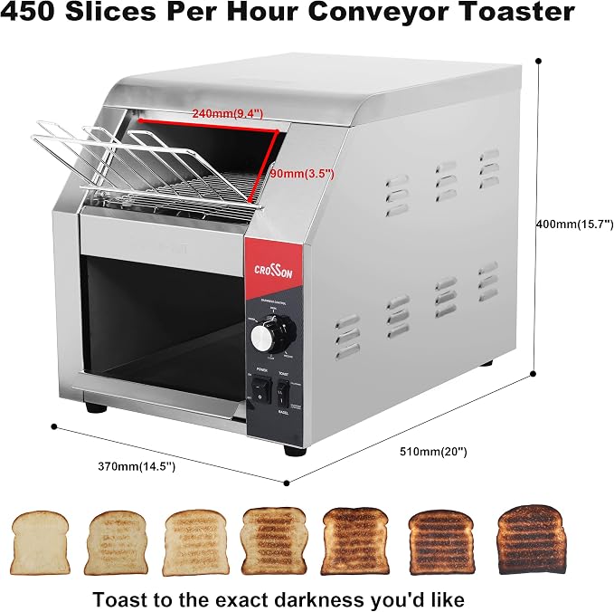 CROSSON ETL Listed Conveyor Toaster 450PCS/Hour 10" Wideness With 3" Opening Heavy Duty Commercial Toaster for Cafes,Buffets, Restaurants and Coffee shops-120V,1800W