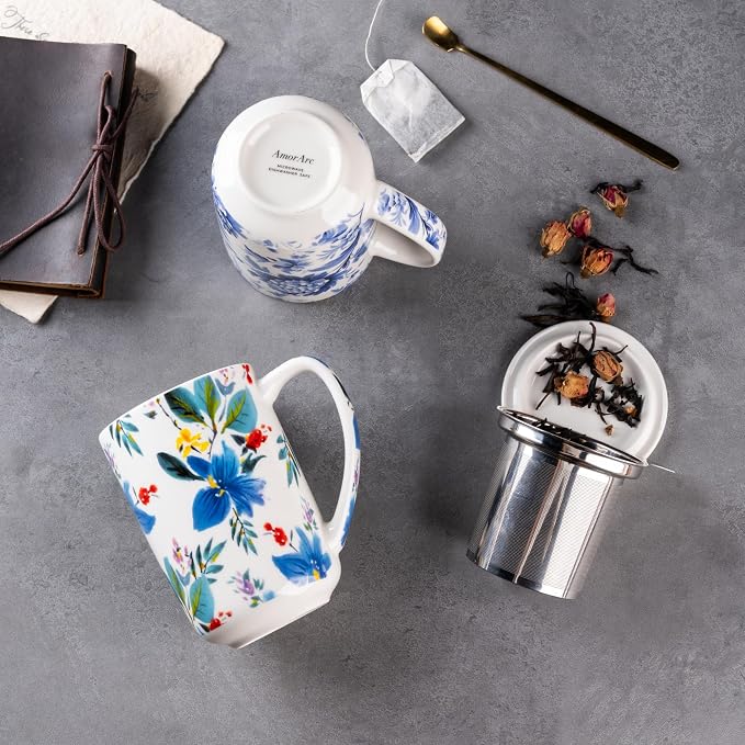AmorArc Tea Cup With Infuser and Lid, 18oz Loose Leaf Tea Mug With Steeper | Porcelain Tea Mug With Infuser and Lid, Large Strainer Tea Cup with Lid for Tea, Coffee Mug for House-warming Birthday Gift