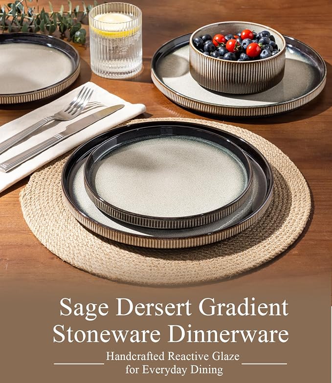 GBHOME Stoneware Dinnerware Sets for 4, 12-Piece Plates and Bowls Set | Handmade Reactive Glaze Ceramic Dish Set, Scratch Resistant, Dishwasher&Microwave Safe,Mocha & Sage