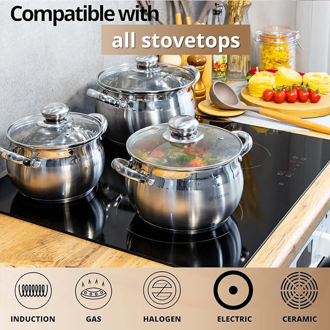 Daniks Classic 4 Quart Stainless Steel Stock Pot with Glass Lid, Tri-Ply Bottom for Even Heating, Induction Compatible, Dishwasher Safe