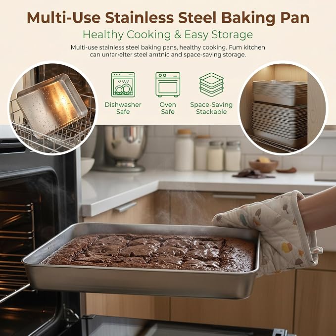 E-far 2 Pack Stainless Steel Baking Pans, 12⅓ x 9¾ x 2 Inch for Cake | Rectangular Deep Sheet Cake Pans for Lasagna Brownies Casseroles, Non-toxic & Healthy, Heavy Duty & Dishwasher Safe