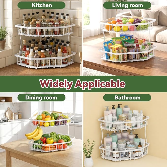 2 Tier Fruit Basket for Kitchen Counter with 2 Banana Hangers for Corner | Detachable Metal Fruit Bowl with Wooden Handle, Large Capacity Fruit Stand for Bread Fruit and Vegetable Storage, White