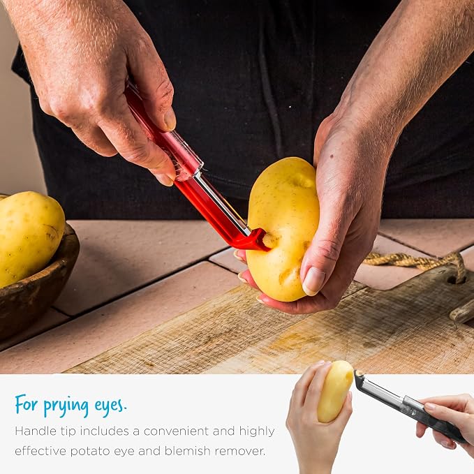 Dreamfarm Sharple Self-Sharpening Vegetable Peeler - Black | Ceramic sharpener in safety cover automatically hones stainless steel swivel blade, suitable for left & right handed use