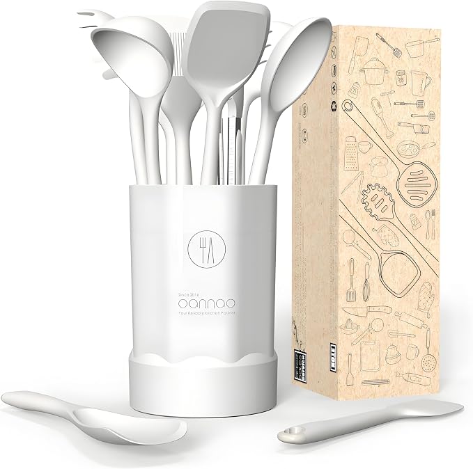 Silicone Kitchen Utensils Set,Utensils Sets for Cooking, Dishwasher Safe | Seamless Spatula Set for Nonstick Cookware, BPA-Free,Heat Resistant up to 600°F, Housewarming Gift, Cream White
