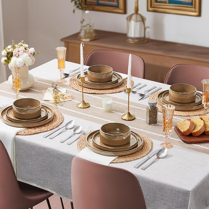 LIANYU Dinnerware Sets for 4, 12 Piece Modern Stoneware Dishes Set | Elegant Plate and Bowl, Ceramic Dining Dishware for Dinner, Rustic Terracotta Bottom, Microwave & Dishwasher Safe, Amber Gold