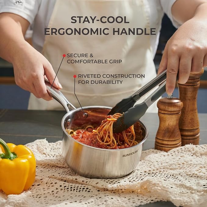 SUNHOUSE 2 QT Sauce Pan with Lid, Full Clad 3-Ply Stainless Steel Saucepan | Small Cooking Pot & Milk Pan - Induction Compatible - PFOA Free, Oven & Dishwasher Safe, Stay-Cool Handle