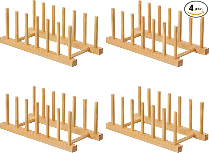 HBlife 4pcs Bamboo Dish Plate Bowl Cup Book Pot Lid Cutting Board Drying Rack Stand Drainer Storage Holder Organizer Kitchen Cabinet（Keep Dry）