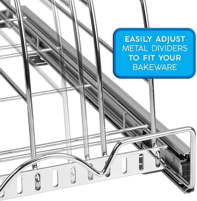 Pull Out Organizer for Bakeware, Cutting Board and Trays, 8.5"W x 21"D | Stores Cutting Board and Trays, Adjustable Dividers, Heavy Duty, Lifetime Limited Warranty - For Narrow Cabinet Spaces