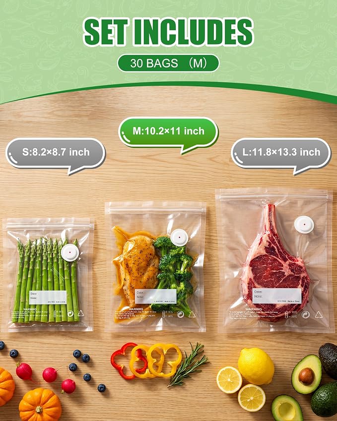 RIWUSI 30PCS Reusable Vacuum Sealer Bags for Food with Air Valve & 10 Seal Clips – Medium (10.2 x 11 in), BPA Free Food Storage Bags, Lock in Food Freshness for Freezer, Microwave, Sous Vide Cooking
