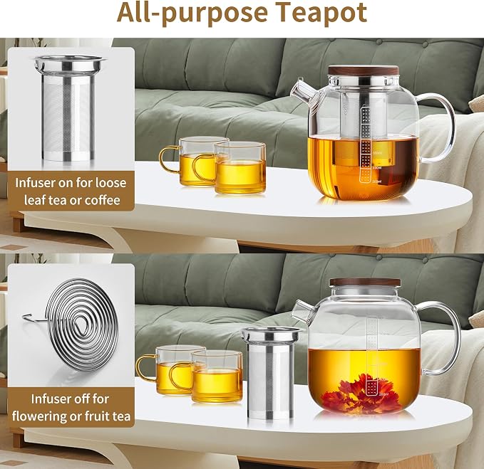 Glass Teapot with Infuser and Lid - 40oz Borosilicate Glass Teapot with Heat-Resistant Handle, Stainless Steel Mesh Infuser for Loose Leaf & Blooming Tea, Stovetop & Microwave Safe