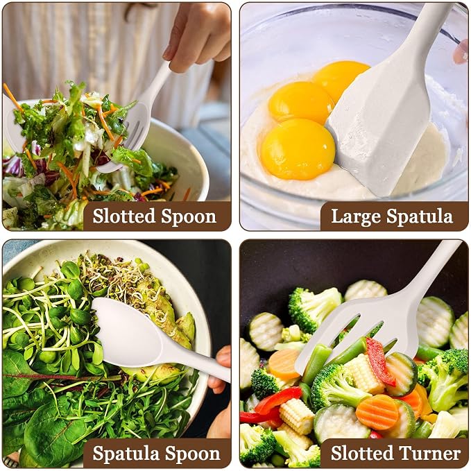 LIANYU Non-Toxic Kitchen Cooking Utensils Set, 8Pcs Khaki Silicone Utensils | Stainless Steel Core, Non-Scratch Spatula Spoon Turner, Heat Resistant & Dishwasher Safe