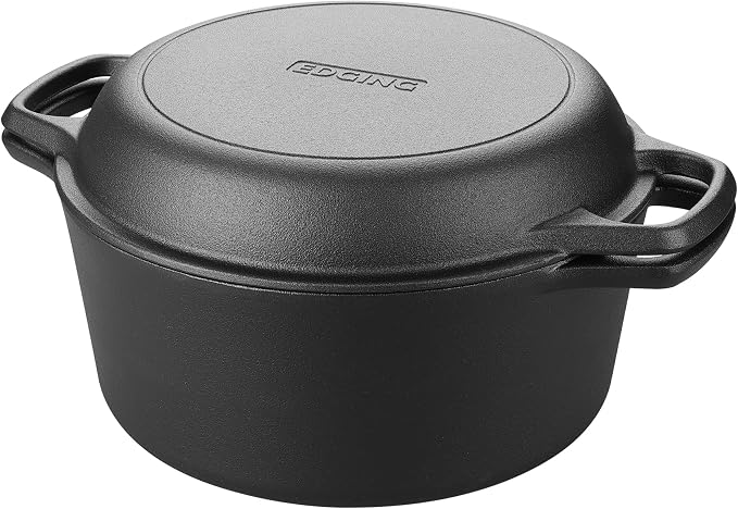 EDGING CASTING Pre-Seasoned Cast Iron Dutch Oven Pot with Skillet Lid Cooking Pan, 2-in-1 Sourdough Bread Baking Pan with Proofing Basket and Baking Supplies, 5QT