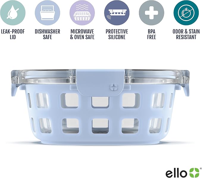 Ello Duraglass 4 Cup Glass Meal Prep Container with Lid, Halogen Blue | 4 cup glass meal prep container with silicone sleeve, leakproof BPA-free lid, microwave, freezer and dishwasher safe