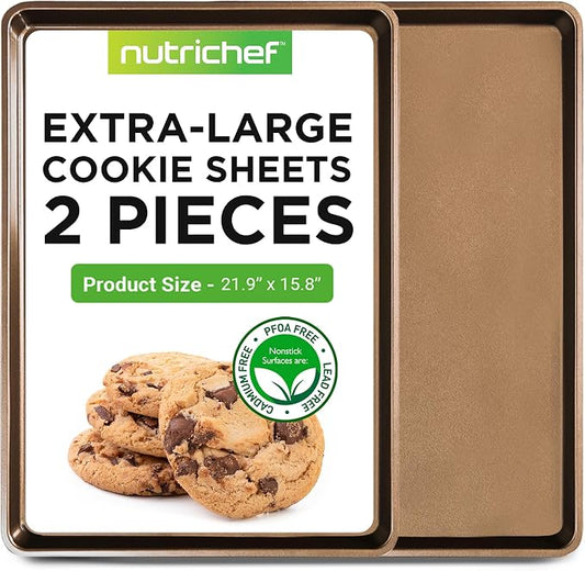 NutriChef Nonstick Extra Large Baking Sheets – 22 x 16 Inch Mega Cookie Sheet Pans for Baking & Roasting – Warp-Resistant Thick Gauge Cookie Tray Set , Oven & Dishwasher Safe – 2 Pack