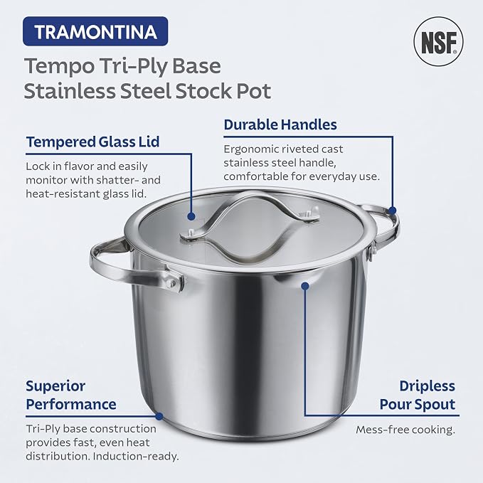 Tramontina Tempo Tri-Ply Base Stainless Steel 8-Qt Stock Pot with Lid | Induction-Ready Pasta Pot, Oven-Safe, Dishwasher-Safe