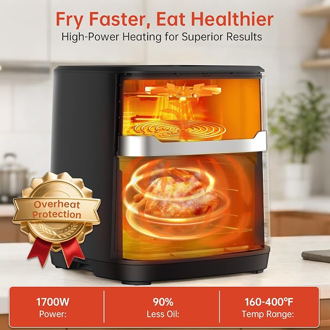 VUSIGN Air Fryer 6.8QT, 10-in-1 Functions Airfryer with Visible Window, 400°F Fast Heating & Adjustable Bottom Heater for Crispier Results, Nonstick & Dishwasher-Safe Basket, 1700W, Black
