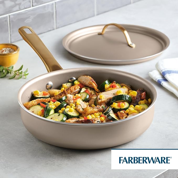 Farberware Radiant Nonstick Saute Pan with Lid, Dishwasher Safe, 2.75 Quart, Champagne
