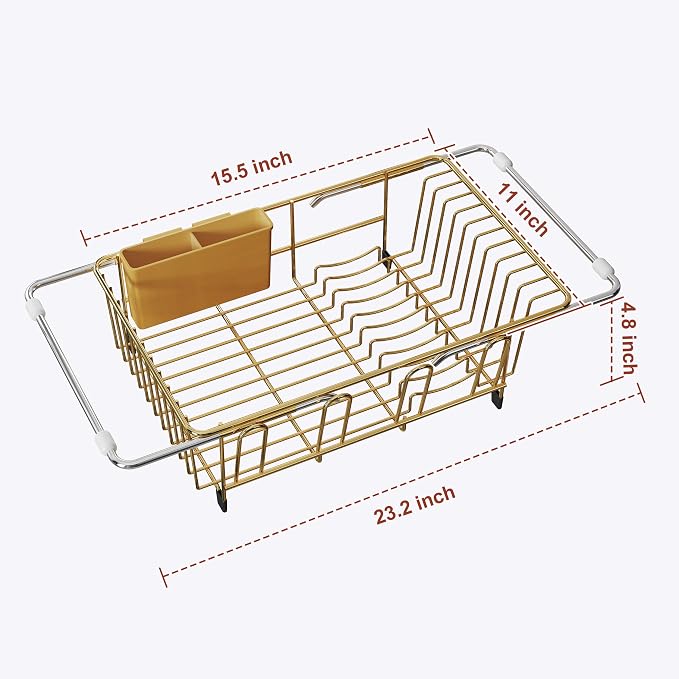 JASIWAY Gold Dish Drying Rack in Sink, Dish Drainer with Utensil Holder | Over The Sink Expandable Stainless Steel Strainer Dryer Rack for Small Kitchen, Counter Space Saving, Fast Drain, Rustproof