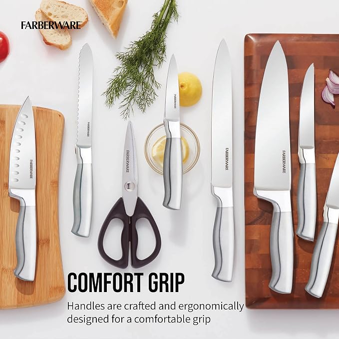 Farberware Self-Sharpening Knife Block Set, 13-Piece Kitchen Knife Set with EdgeKeeper Technology, High-Carbon Stainless Steel Blades, Ergonomic Hollow Handles, Black Wood Block