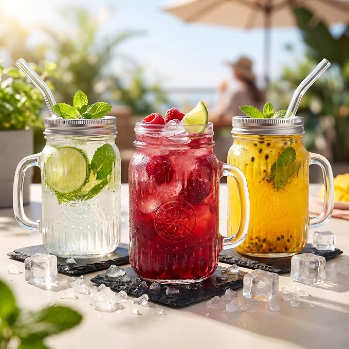 DaYammi 16 oz Mason Jars with Lids and Straws, 6 Pack Clear Vintage Drinking Glasses, Leak Proof Iced Coffee Cups for Daily Use & Party
