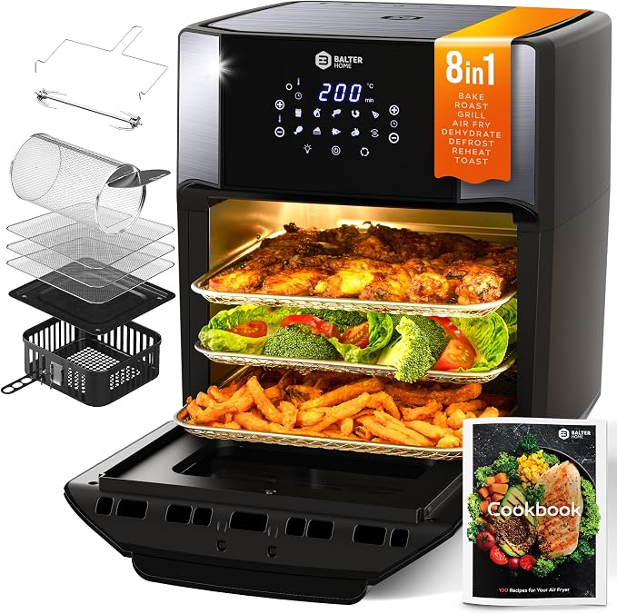 Balter Air Fryer Oven 6-in-1, 13 QT XXL Airfryer, stainless steel, Touchscreen, Rotisserie, Food Dehydrator, Convection Oven, Bake, Broil, Reheat, Windowed Door, Recipe Book