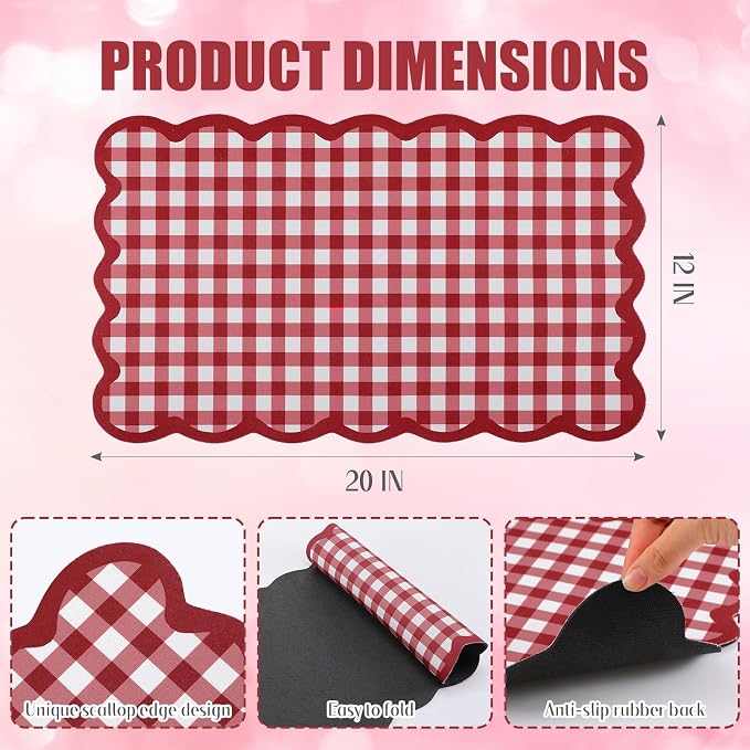 Red Scalloped Gingham Coffee Mat 12" x 20" Absorbent Bar Mat | Gingham Espresso Matt with Non Slip Rubber Backing for Coffee Countertops