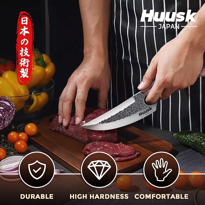 Huusk Viking Knife with Leather Sheath, Hand Forged Chef Butcher Knives | Razor-sharp Japanese Carbon Steel Meat Cutting Knife with Wood Handle for BBQ, Camping & Kitchen, Cool Gifts for Men & Dad