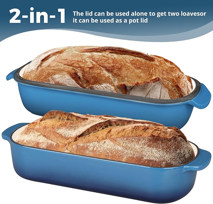 EDGING CASTING Enameled Cast Iron Loaf Pan with Lid, Bread pan, Dutch Oven Bread pan for Homemade Sourdough Bread Baking, 12.5x5.5 inch, 5qt, Lake Blue