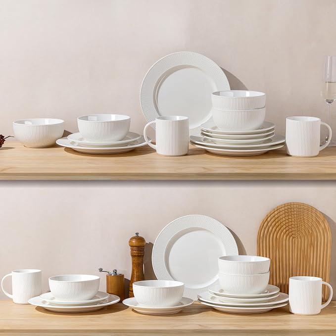 Ceramic Dinnerware Set for 6, 18-Piece Plates and Bowls Set | Lightweight Porcelain Dish Set, Scratch Resistant, Oven & Microwave & Dishwasher Safe, Bright White