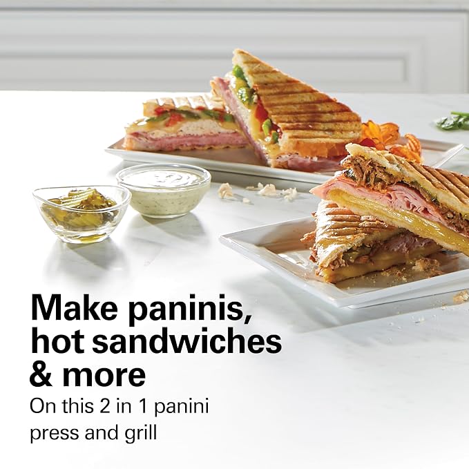Hamilton Beach Panini Press, Sandwich Maker & Electric Indoor Grill | Floating Hinge Evenly Cooks Any Sandwich | Locking Lid | PFAS-Free Non-Stick 8" x 10" Grids | Stainless Steel