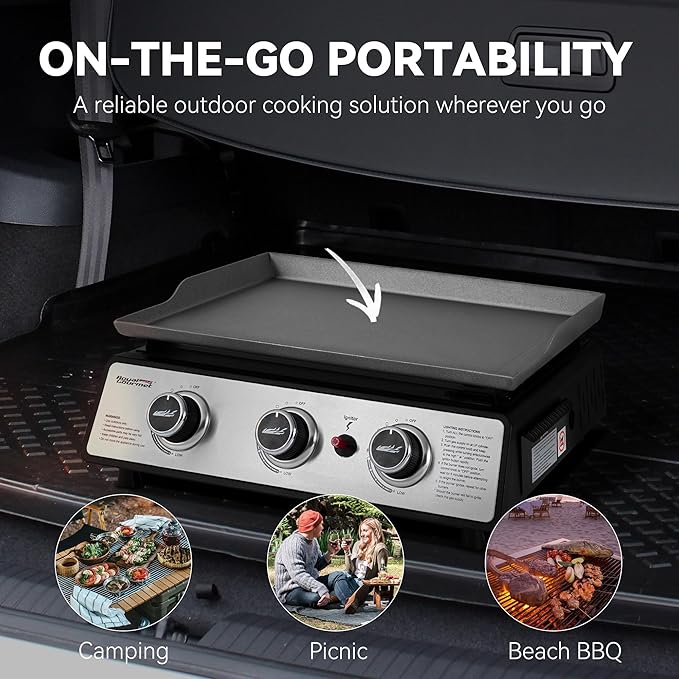 Royal Gourmet PD1301S Portable 3-Burner Tabletop Gas Griddle | 25,500 BTU Cooking Power, 304 Sq. In. Cooking Surface | Ideal for Camping & Tailgating, Black & Silver