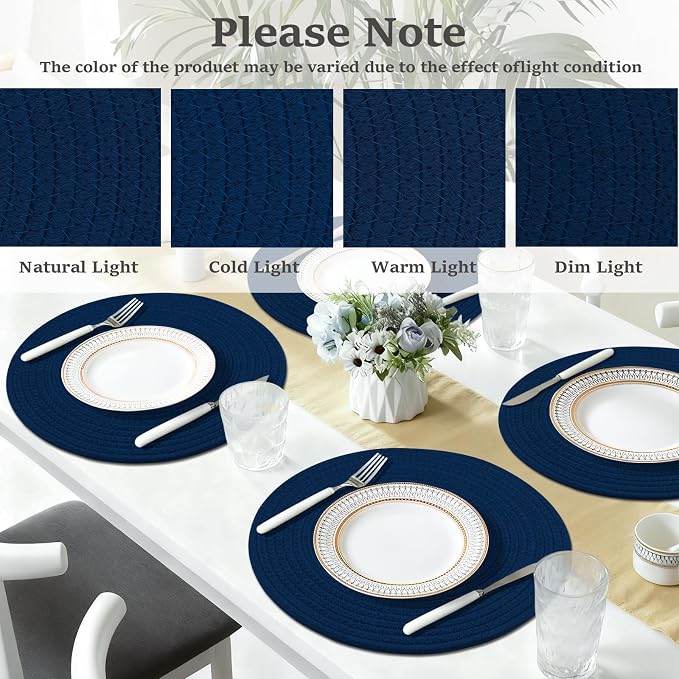 Round Placemats Set of 6, Cotton Rope Woven Table Mats, Hot Pads for Kitchen, Non Slip Heat Resistant Place Mats, 13 Inches Braided Placemat for Farmhouse Decor and Kitchen Table Decor (Navy Blue)