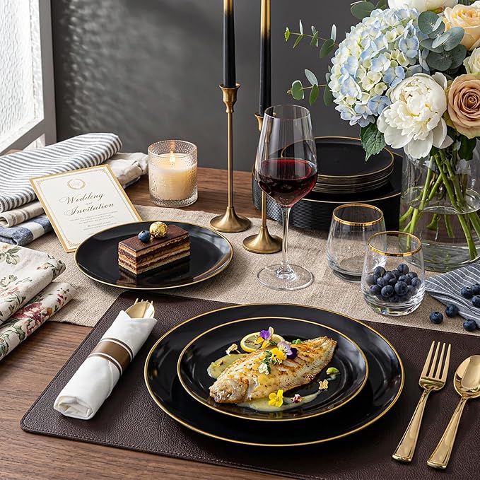 KIRE 350 PCS Black and Gold Plastic Plates - Plastic Dinnerware for Wedding | Include 100PCS Black Disposable Plates, 50PCSPre Rolled Napkins with Silverware & 50PCS Cups for Party/Halloween/New Year
