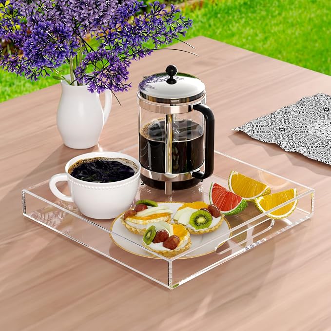 NIUBEE Acrylic Serving Tray 10x10 Inches -Spill Proof- Clear Decorative Tray Organiser for Ottoman Coffee Table Countertop with Handles | Spill-Proof tray for Coffee Table, Ottoman | Decorative Tray for Breakfast in Bed, Drink Serving & Home Organization