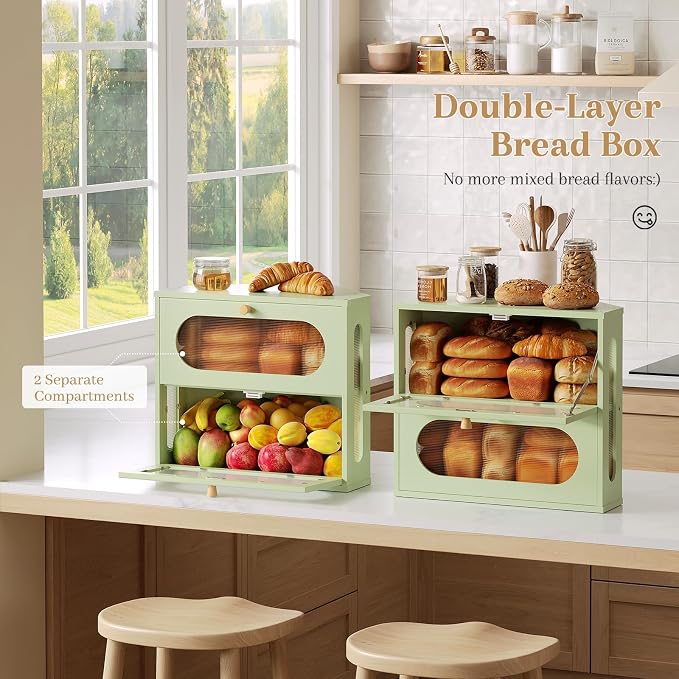 Corner Bread Box for Kitchen Countertop, 2026 New Double Layer Bamboo Bread Storage Bin, Large Bread Container for homemade bread (Green)