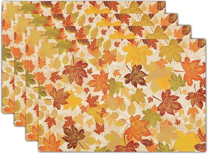Fall Placemats Set of 4 18x12 Inch Autumn Maple Leaves Linen Place Mats Heat-Resistant Washable Wipeable Orange Season Holiday Table Mat for Party Kitchen Dining Room Dinner Table Decor