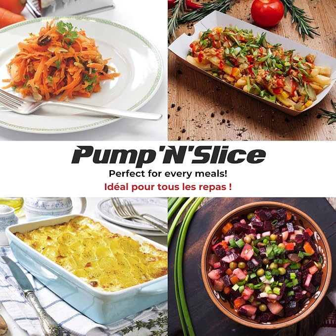 Starfrit Pump'n'Slice Vertical Mandoline, Food Slicer & Chopper, Safe | Safe enclosed blades. Adjustable slicing. Julienne & dice. Ideal for fruits & vegetables. Folds for storage.