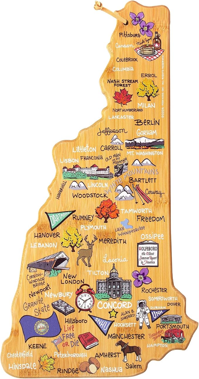 Totally Bamboo New Hampshire State Shaped Cutting Board, Art by Fish Kiss | State charcuterie board with colorful hand-drawn map artwork. Smooth reverse side for food prep. Hang tie for wall display.