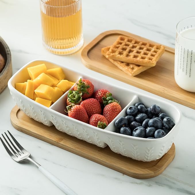 Miamolo Condiment Bowls Divided Serving Tray, Chip and Dip Bowl for Party | Ceramic 10-inch, 3 Compartment Tray + Wood Base | for Snacks Appetizer Charcuterie, Microwave Oven Safe, Hosting Essentials